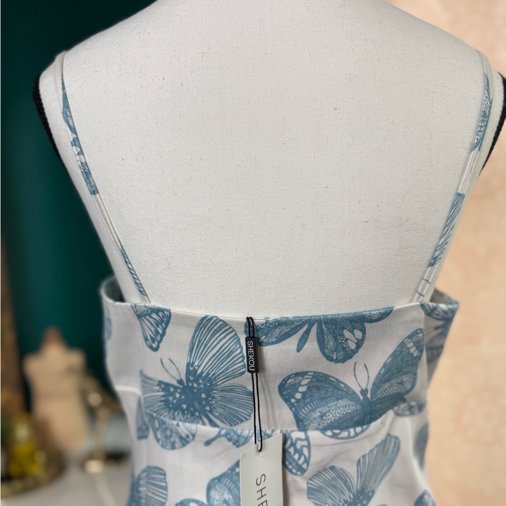 Shekou Butterfly Effect NWT 100% Satin Y2K Inspired Blue White Slip Dress - Picture 5 of 11